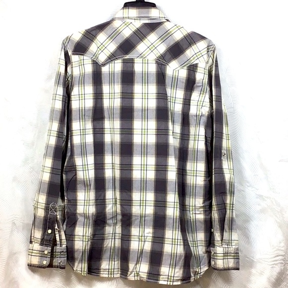 🌵GPH SUPPLY CO White Grey Plaid Western Pearl Snap Roll Tab Long Sleeve - Picture 3 of 7